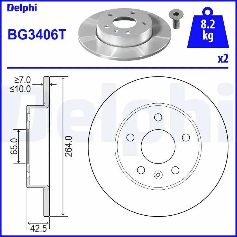 DEL-BG3406T FREN DİSKİ ASTRA G  98-07 / ASTRA H 04-10 / MERIVA A 03-10 ARKA DÜZ 264-5 (SET)