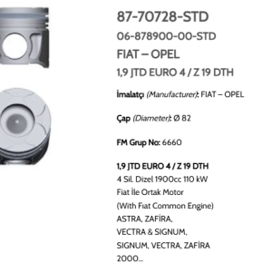 GOE-87-70728-STD PİSTON SEGMANLI VECTRA C 02-07 Z19DTH 82.00mm STD