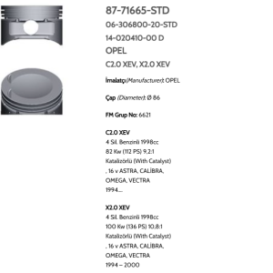 GOE-87-71665-050-0 PİSTON SEGMANLI ASTRA / VECTRA 2.0 16V X20XEV-C20NE 86mm 050