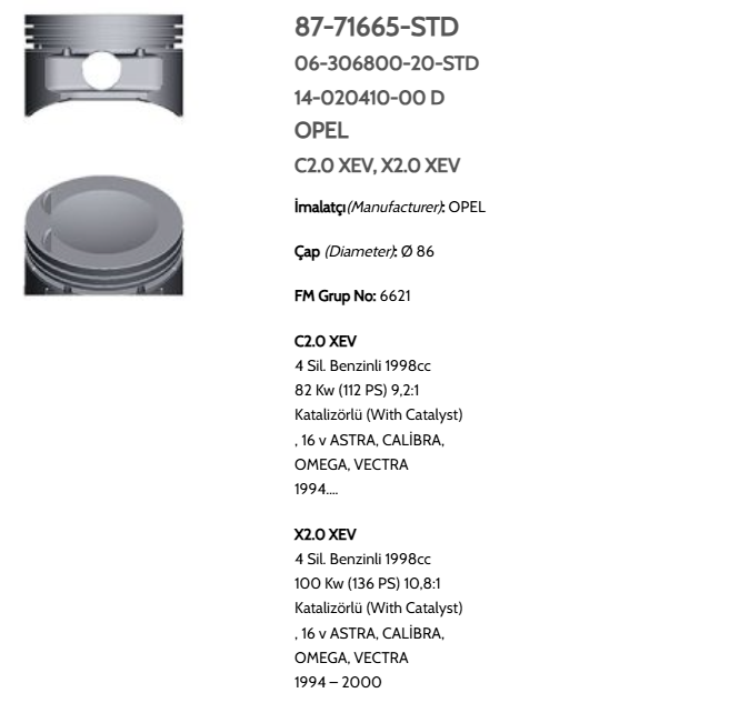 GOE-87-71665-050-0 PİSTON SEGMANLI ASTRA / VECTRA 2.0 16V X20XEV-C20NE 86mm 050