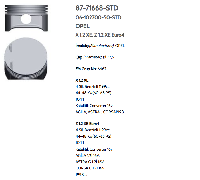 GOE-87-71668-STD-0 PİSTON SEGMANLI ASTRA / CORSA / ASTRA G / CORSA C 1.2 16V X12XE-Z12XE 72.5mm STD
