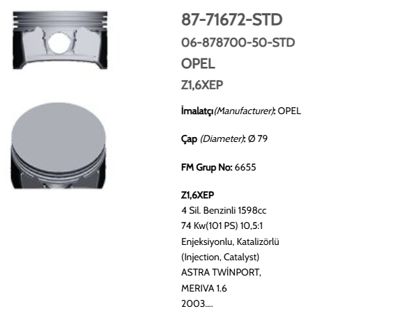 GOE-87-71672-STD-0 PİSTON SEGMANLI ASTRA / MERIVA 1.6 Z16XEP 101HP 79mm STD
