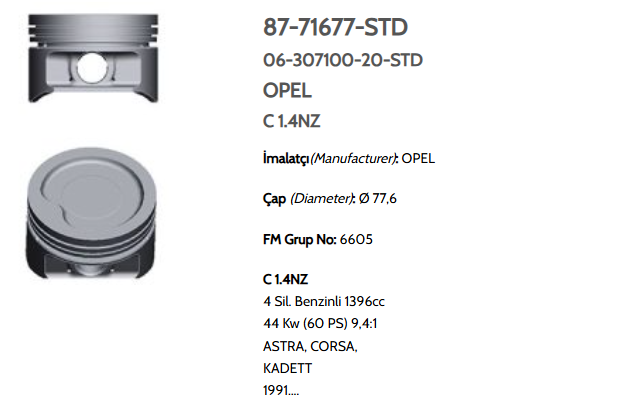 GOE-87-71677-050-0 PİSTON SEGMANLI ASTRA / CORSA 1.4 C14NZ-X14SZ 77.6mm 050