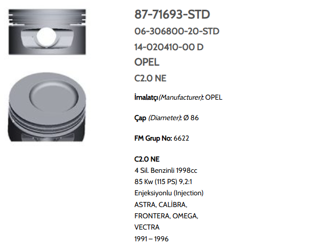 GOE-87-71693-050-0 PİSTON SEGMANLI ASTRA / VECTRA 2.0 8V C20NE 86mm 050 (PİM 21mm)