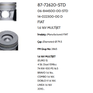 GOE-87-72620-STD-0 PİSTON SEGMANLIASTRA J / COMBO D 09= / LINEA / DOBLO  1.6JTD-A16FDL EURO5 STD 80mm
