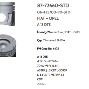GOE-87-72660-040-0 PİSTON SEGMANLI ASTRA H / LINEA 1.3JTD-1.3CDTI A13DTE 69.6mm EURO5 040 YANMA ODA 37mm