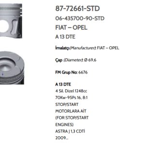GOE-87-72661-040-0 PİSTON SEGMANLI LINEA / DOBLO / ASTRA H / CORSA D 1.3JTD-1.3CDTI A13DTE 69.6mm 040 START STOP