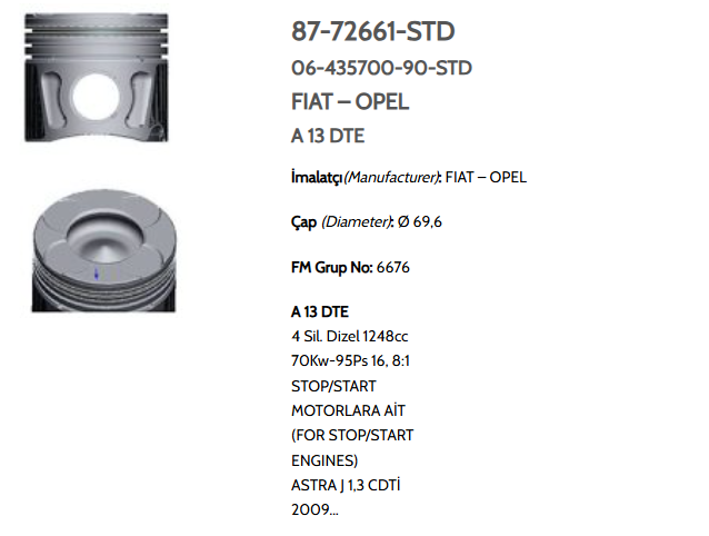 GOE-87-72661-040-0 PİSTON SEGMANLI LINEA / DOBLO / ASTRA H / CORSA D 1.3JTD-1.3CDTI A13DTE 69.6mm 040 START STOP