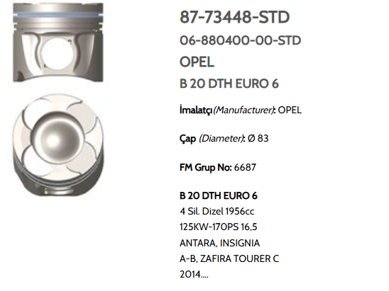 GOE-87-73448-STD PİSTON SEGMANLI INSIGNIA A-B / ZAFIRA C / ANTARA B / CAPTIVA B 2.0CDTI B20DTH 83mm