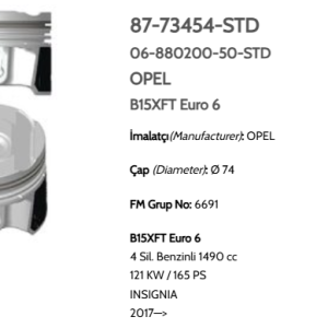 GOE-87-73454-050 PİSTON SEGMANLI INSIGNIA B B15SFL-D15SFL-B15SFT-D15SFT 74mm / 050