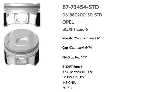 GOE-87-73454-050 PİSTON SEGMANLI INSIGNIA B B15SFL-D15SFL-B15SFT-D15SFT 74mm / 050