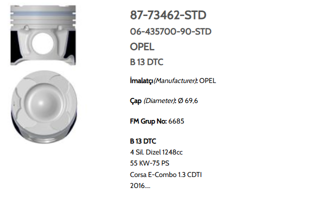 GOE-87-73462-040 PİSTON SEGMANLI CORSA E 15= 1.3CDTI B13DTC 69.60mm 050