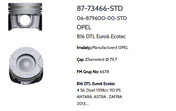 GOE-87-73466-050 PİSTON SEGMANLI ASTRA J 09-15 1.6 16V B16DTL 79.70mm 050